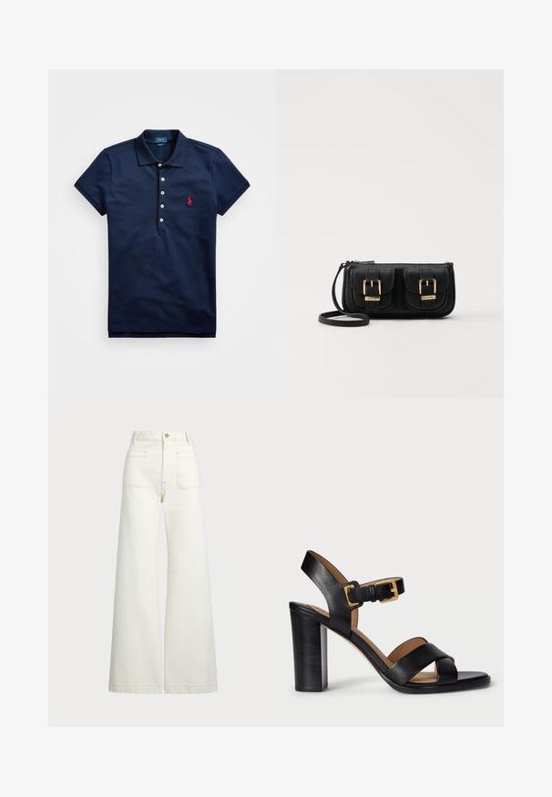 Mørkeblå polo skjorte laget av bomull med korte ermer, tre-knappers stolpe og en rød brodert logo på venstre bryst.; Vidde bukser i off-white denim. Høyt liv-design med knappelukking, to frontlommer og kontrastsøm detaljer.; Svarte lær hæler med krysset stroppdesign og spenning. Har en kraftig hæl og glatt tekstur.; Svart skinn crossbody veske med to frontlommer, gyldne spenner, glidelåslukking og en slank stropp. Teksturert overflate og kompakt rektangulær form.