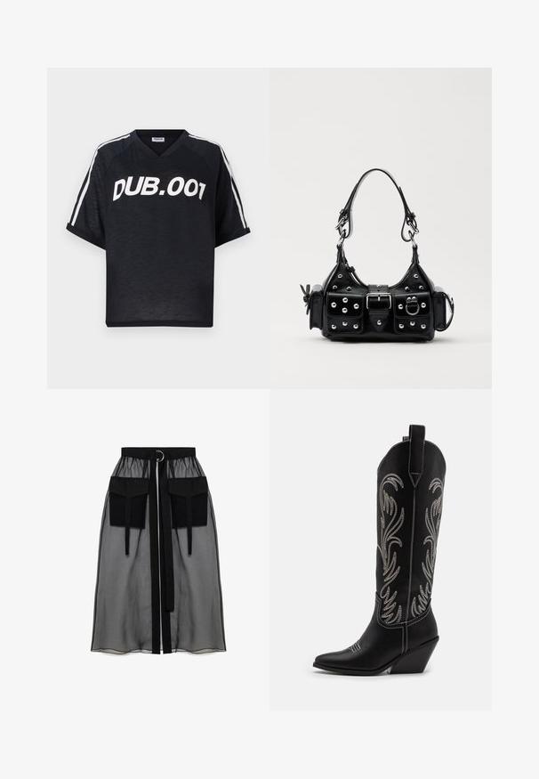 Melns īsām piedurknēm T-krekls ar V-veida kakla izgriezumu, uz kura ir balts teksts "DUB.001" un balti sānu svītras gar piedurknēm. Gluda tekstūra.; Melnā caurspīdīgā svārka ar salikto jostasvietu, kas ietver divas lielas priekšējās kabatas, jostas saitīti un apaļu metāla akcentu.; Melnas ādas kovboju zābakus ar norādītām pirkstiem, sānām paceltu papēdi un sudraba izšūtām ziedu rakstiem gar zābaka kāju. Kontrasta dūrieni visā zābakā.; Melnas ādas rokturmais ar izliekumu, ar sudraba iedurtiem, sprādzi un divām sānu kabatām. Regulējams siksniņas garums dažādām nēsāšanas iespējām.