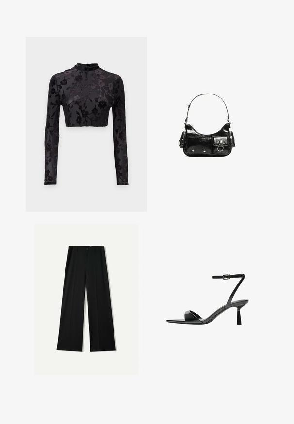 Zwarte langmouwen crop top met hoge hals, voorzien van een bloemenvelvetpatroon op doorschijnende stof, dat de ingewikkelde details en textuur benadrukt.; Bershka WIDE - Broek - black; Bershka Sandalen met hoge hak - black; Zwarte laarzen in lakleer met een gebogen vorm, één schouderband, voorvakken en accenten in zilverkleurig metaal.
