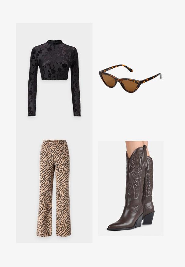 Top scurt negru cu mânecă lungă și guler înalt, având un model floral din catifea pe un material transparent, evidențiind detalii și textură intricate.; Pantaloni cu croi larg, cu un model în dungi de tigru în nuanțe de maro și negru, având talie standard și un design cu cinci buzunare.; Bocanci de cowboy din piele maro, cu vârf ascuțit și toc pătrat, având cusături detaliate și accente ridicate pe tijă.; Ochelari de soare în stil cat-eye, cu o ramă din material cu tortoiseshell negru și portocalie, lentile maro și vârfuri elegante, ascuțite. Prezintă un logo minimal pe brățara ochelarilor.