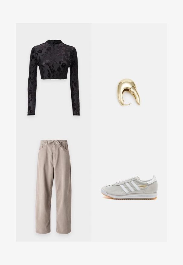 Čierny dlhý rukáv crop top s vysokým golierom, zdobený kvetinovým zamatovým vzorom na priesvitnom materiáli, ktorý zdôrazňuje zložitú detailnosť a textúru.; Béžové kordové nohavice s voľným strihom, s elastickým pásom na šnúrku, dvoma prednými vreckami a vertikálnym ryhovaným vzorom.; Svetlosivé tenisky vyrobené z kože a sieťoviny, s tromi bielymi pruhmi, okrúhlou špičkou a gumovou podrážkou. Zlatý logový akcent pri šnúrkach.; Náušnice z kovu v zlatej farbe s elegantným, zakriveným dizajnom. Majú charakteristický špicatý tvar, leštený povrch a uzáver na pánt.
