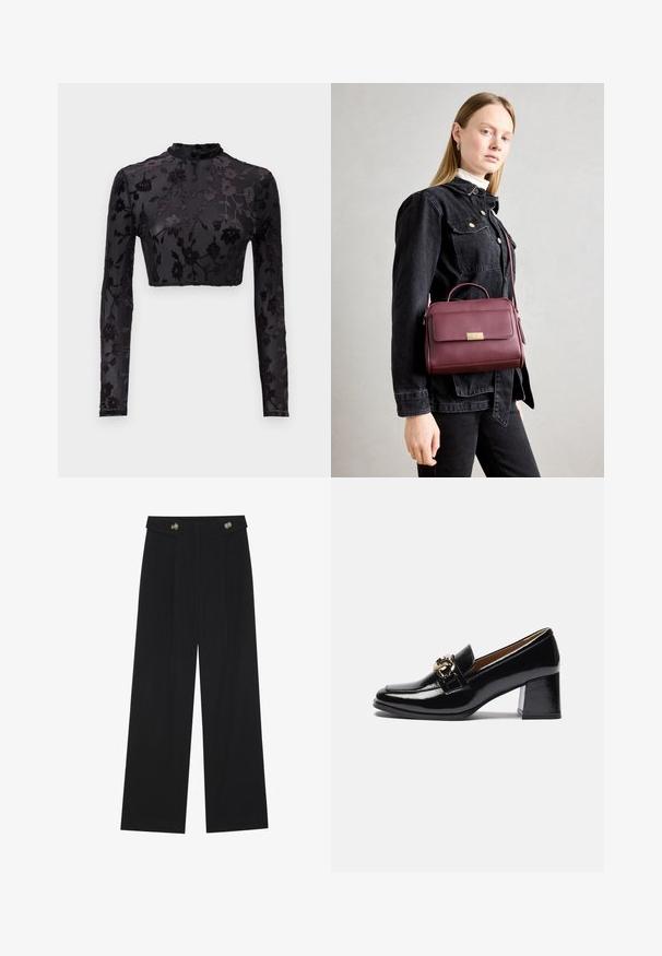 Mustaga pikad varrukad crop-top kõrge kaelusega, millel on lilleline sametmustrit läbipaistvas kangas, rõhutades keerukat detaili ja tekstuuri.; Mustad laiad püksid kõrge vöökoha ja nööpdetailidega vööandil, esikortsudega.; Mustad nahast kõrge kontsaga mokassiinid, millel on ümar varvas, paksem konts ja kuldse tooni detailline aksessuaar esirihmal.; Bordoo nahast käekott kuldse klambriga, struktureeritud kuju, pealne käepide ja reguleeritav õlapael. Mudel kannab teksajakki.