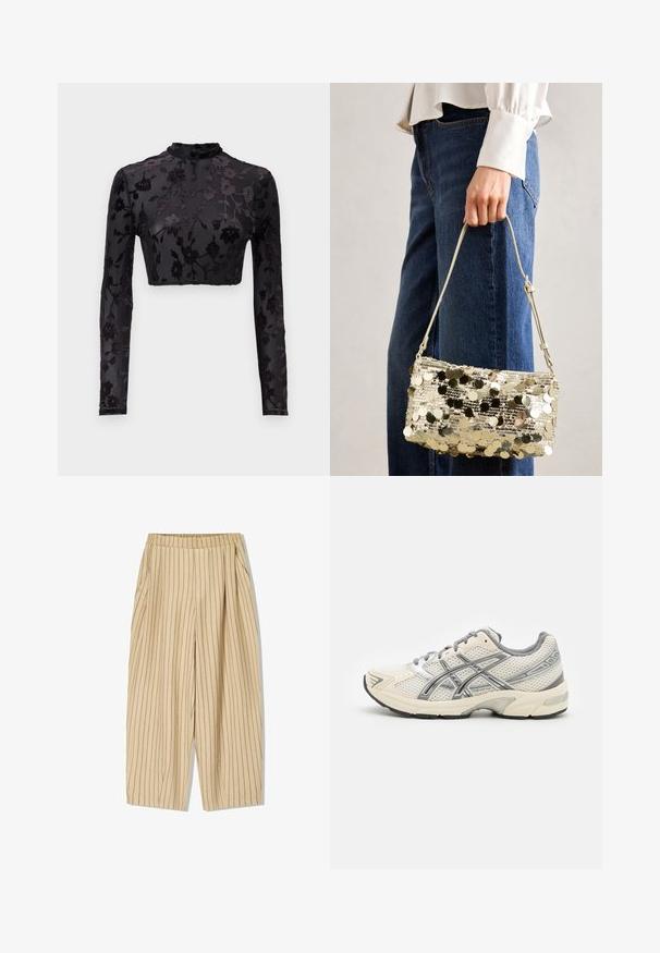 Schwarzes langärmeliges Crop-Top mit hohem Ausschnitt, das ein florales Samtmuster auf durchsichtiger Stoff zeigt und komplizierte Details sowie Textur hervorhebt.; Beige gestreifte Hosen mit elastischem Bund, zwei Seitentaschen, lockerer Passform und vertikalen schwarzen Nadelstreifen als Detail.; Laufschuhe mit einem atmungsaktiven weißen Mesh-Obermaterial, silbernen Akzenten, grauen Schnürsenkeln und einer langlebigen schwarzen Gummisohle. Leichtes, gepolstertes Design.; Handtasche aus goldenen Pailletten in rechteckiger Form, mit glatter Textur und dünnem Trageriemen. Die Pailletten erzeugen eine reflektierende Oberfläche, die ihr Aussehen verbessert.