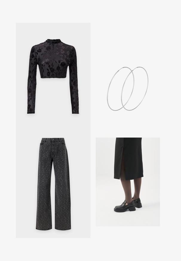 Czarny długi rękaw crop top z wysokim dekoltem, ozdobiony kwiatowym wzorem z weluru na przezroczystym materiale, podkreślający wyszukane detale i fakturę.; Noisy May NMJANNEL czarny denim; Czarne skórzane buty z okrągłym noskiem, grubym blokowym obcasem i elastycznymi akcentami po bokach, zestawione z ciemnymi rajstopami i czarną spódnicą z rozcięciem.; Srebrne kolczyki w formie obręczy o minimalistycznym designie. Okrągły kształt, gładka faktura i cienki profil. Lekkie, z polerowanym wykończeniem.