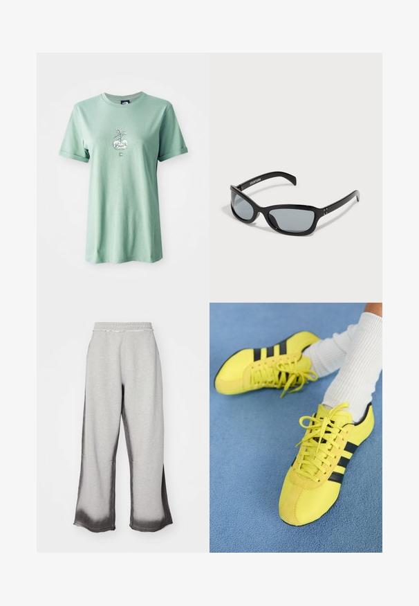 Világos zöld pamut póló, rövid felhajtott ujjal, egy középen elhelyezett grafikával egy növényről, amely egy kerek virágcserepben található, logóval az alsó elülső részen.; Szürke nadrág, texturált felülettel, fokozatosan sötét szürke árnyalatú végű szegéllyel, rugalmas derékrésszel és széles lábakkal.; Fényes sárga sportcipők fekete csíkokkal és fűzőkkel; textúrált felsőrészükkel és velúrbetétekkel rendelkeznek. Fehér bordázott zoknikkal viselve.; Fekete napszemüveg, letisztult, szögletes dizájnnal. Szürke lencsék és fényes műanyag keret jellemzi. Kis fém kiegészítők és márkajelzés található a szárán.