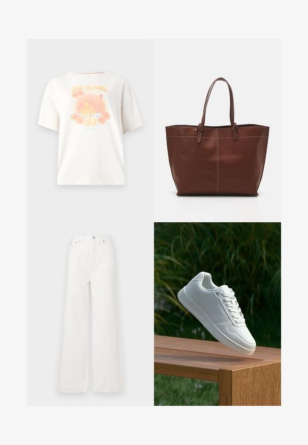 Tricou alb din bumbac cu mâneci scurte, având un design grafic colorat cu un apus de soare, palmieri și flori, etichetat "Bucură-te de Apus 1913."; Jeanși albi cu talie înaltă și croi larg, confecționați din denim. Dispun de buzunare frontale, închidere cu nasture și detalii cu margini desfăcute.; Sneaker alb cu un upper sintetic neted, cu vârf perforat, șireturi plate și o talpă texturată, expus pe o suprafață de lemn.; Geantă de tote din piele maro cu mânere duble, dotată cu cusături contrastante și un design spațios, potrivită pentru utilizarea zilnică.