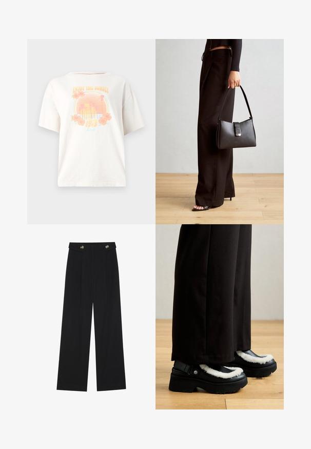 Balts kokvilnas T-krekls ar īsām piedurknēm, kuram ir krāsains grafiskais dizains ar saulrietu, palmu kokiem un ziediem, ar uzrakstu "Izbaudi saulrietu 1913."; Melnas platās bikses ar augstu jostasvietu, pogu detaļām uz jostas un priekšējām krokām.; Melnas platformas kurpes ar baltu pūkainu apdari, noapaļu purngalu un siksniņu ar metālu pogu. Valkātas ar melnajām biksēm uz koka grīdas.; Melnā somiņa ar strukturētu formu, gludu tekstūru un metālu sprādzi. Saskaņota ar platām melnām biksēm un sandālēm ar atvērtu purngalu uz koka grīdas.