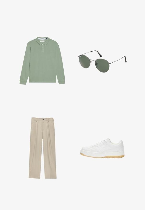 Langarm-Polohemd aus leichtem grünen Baumwollstoff mit Kragen, einer Drei-Knopf-Leiste und kontrastierenden gestreiften Akzenten am Kragen.; Beige Hosen mit geradem Schnitt, ausgestattet mit einem einzelnen schwarzen Knopf, Gürtelschlaufen und Seitentaschen. Glatte Stofftextur und minimalistisches Design.; Weiße Ledersneaker mit strukturiertem Finish, ausgestattet mit Gummisohle, Schnürdesign und dezenten Streifenakzenten an den Seiten.; Metallgestellte Sonnenbrille mit ovalen grünen Gläsern. Dünner silberner Metallrahmen und schwarze Ohrstücke. Minimalistisches Design, keine sichtbaren Logos.