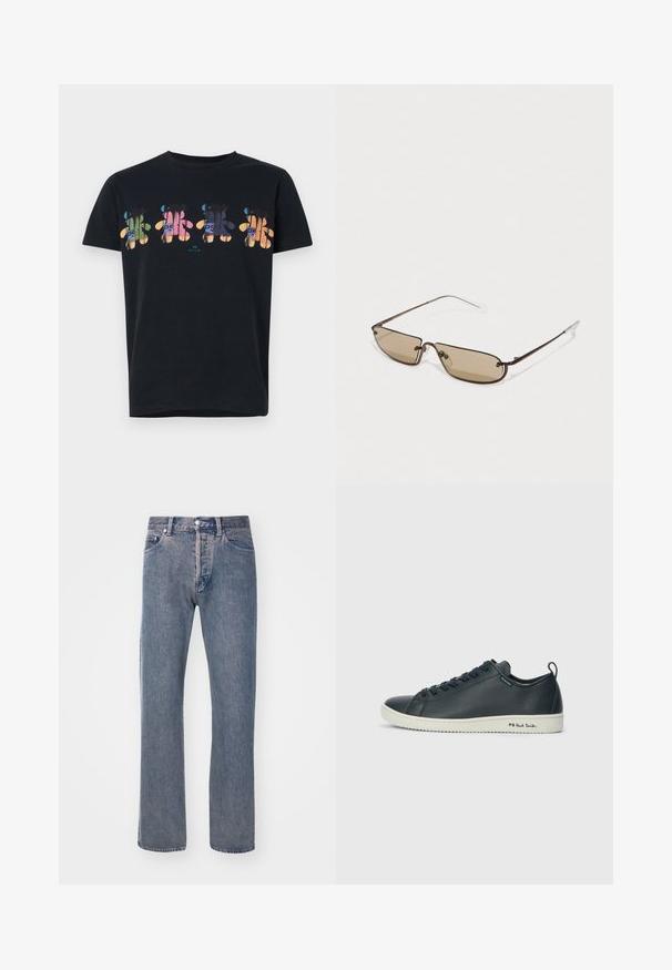Svart bomull T-skjorte med et fargerikt bjørndesign over brystet, med bokstavene "PS" inkludert. Korte ermer og rund hals.; Lys blå rett bukser laget av denim, med fem-roms design, glidelås foran og kontraststingedetaljer.; Mørk marineblå lærersneaker med glatt finish, rund tå, seks Øyelet snøring og kontrasterende hvit gummisåle. Har merkevare på siden.; Brune metalliske rektangulære solbriller med brune tette linser og tynne, klare tempeltipper, med et minimalistisk design og subtil merkevare.
