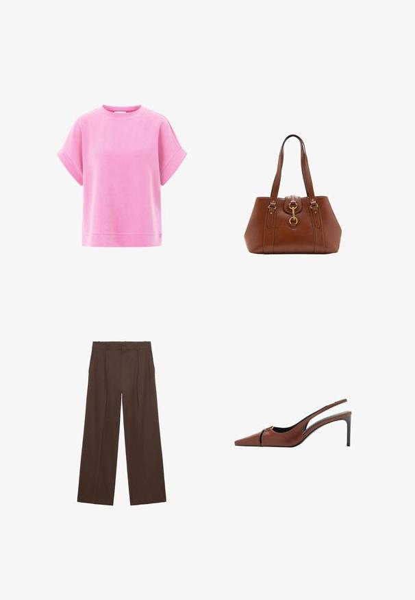 Sweatshirt roz din bumbac cu amestec, cu mânecă scurtă, decolteu rotund, croi lejer și textură fină. Design simplu, fără modele sau accesorii.; Pantaloni largi maro, confecționați dintr-un material neted, cu talie înaltă, plisaje frontale și două buzunare laterale.; Sandale cu toc din piele maro, cu vârf ascuțit, detaliu decupat la vamp și un toc stiletto elegant. Textură netedă.; Geantă de mână din piele maro, cu curele duble, formă rotundă, accesorii din aur și un detaliu central cu cataramă. Textură netedă cu accente cusute.