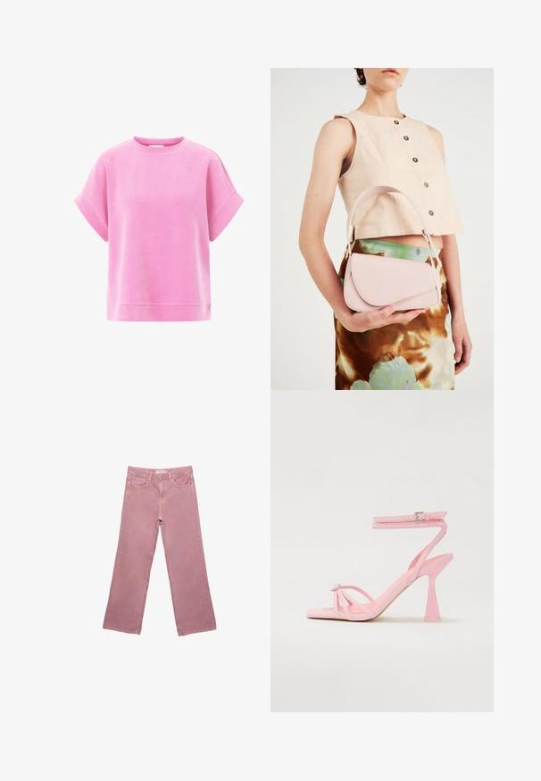 Roze majica s kratkimi rokavi iz mešanice bombaža s krožnim izrezom, sproščenega kroja in gladko teksturo. Preprost dizajn brez vzorcev ali dodatkov.; Roza široka jeans hlače iz denima, z visokim pasom, sprednjimi žepi in subtilnimi šivi. Gladka tekstura brez vzorcev.; Roza natikače na peto z naramnicami in sponko okoli gležnja. Vsebuje dekorativni element na prstu in sodoben, zožen oblikovan peto.; Roza usnjena torbica s ukrivljenim poklopcem, enim naramnim trakom in čistimi linijami. Torbica se ponaša z gladko teksturo in minimalističnim dizajnom.