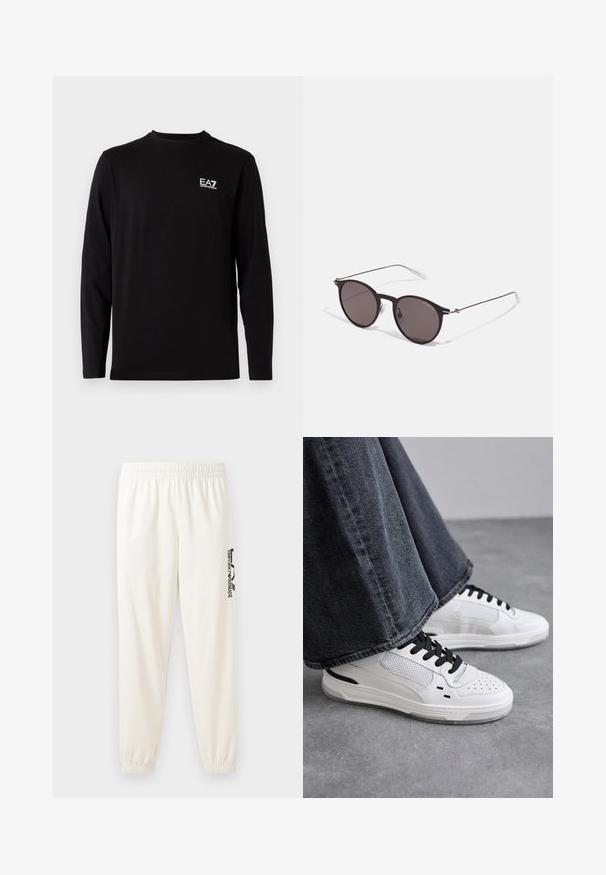 Černé tričko s dlouhým rukávem z měkkého materiálu. Na levé části hrudi je malé bílé logo. Jednoduchý, kulatý výstřih a rovný střih.; Svetle béžové tepláky s elastickým pasem a elastickými manžetami. Na levé noze je černý tištěný logo. Měkká textura látky.; Bílé tenisky s černými tkaničkami a síťovinou. Mají hladký kožený svršek a texturovanou gumovou podrážku. Doplňují je široké šedé džíny.; Černé kulaté sluneční brýle s tmavými skly a tenkými kovovými nohami. Obsahují průhledné koncovky nožiček a stříbrné akcenty na pantu. Minimalistický design.