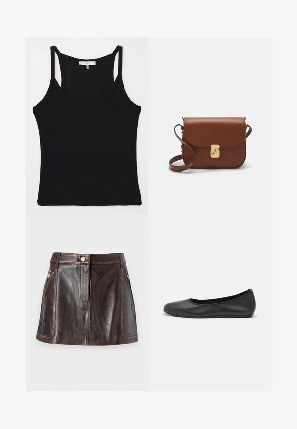 FRAME CUTAWAY TANK - Felső - black; Barna bőr mini szoknya, mely elegáns dizájnnal, két cipzáras oldalsó zsebbel és kontrasztos varrással rendelkezik a szélein.; Fekete bőr balettcipő lekerekített orral, sima tekstúrával, minimális varrással és rugalmas talp kialakítással.; Barna bőr kézitáska, hajtókás zárással, arany színű fém kiegészítőkkel, vállpánttal és sima felülettel. Kompakt téglalap alakú.