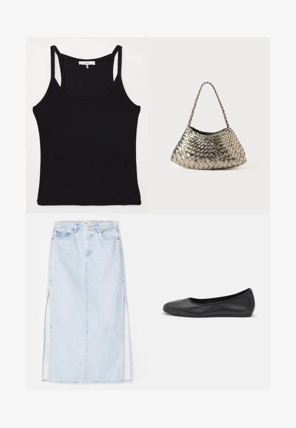 FRAME CUTAWAY TANK - Top - black; Light blue denim maxi skirt with a straight cut, featuring side slits and five-pocket design. Prominent stitching and metal button closure.; Black leather ballet flat with a rounded toe, smooth texture, minimal stitching detail, and a flexible sole design.; Metallic woven handbag with a triangular shape, featuring a braided strap and a velvet-lined interior. Color: silver. Texture: smooth and fabric-like.