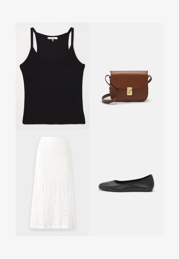 FRAME CUTAWAY TANK - Top - black; Gestreifte weiße Midi-Rock aus Strick mit einem strukturierten Muster und Ausschnitten am Saum. Elastischer Bund. Weiches Material.; Schwarze Leder-Ballettschuhe mit abgerundeter Spitze, glatter Textur, minimalen Nähdetails und einem flexiblen Sohlen-Design.; Braune Ledertasche mit Klappenverschluss, Beschlägen in Goldfarbe, einem Schultergurt und einer glatten Oberfläche. Kompakte rechteckige Form.