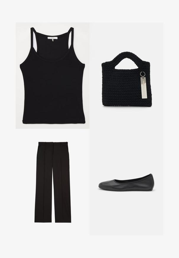 FRAME CUTAWAY TANK - Top - black; Black tailored trousers made of a smooth fabric, featuring a straight-leg design, and two side pockets. Elegant and minimalistic construction.; Black leather ballet flat with a rounded toe, smooth texture, minimal stitching detail, and a flexible sole design.; Won Hundred MARSIELLE COMPUTER BAG UNISEX - Laptop bag - black