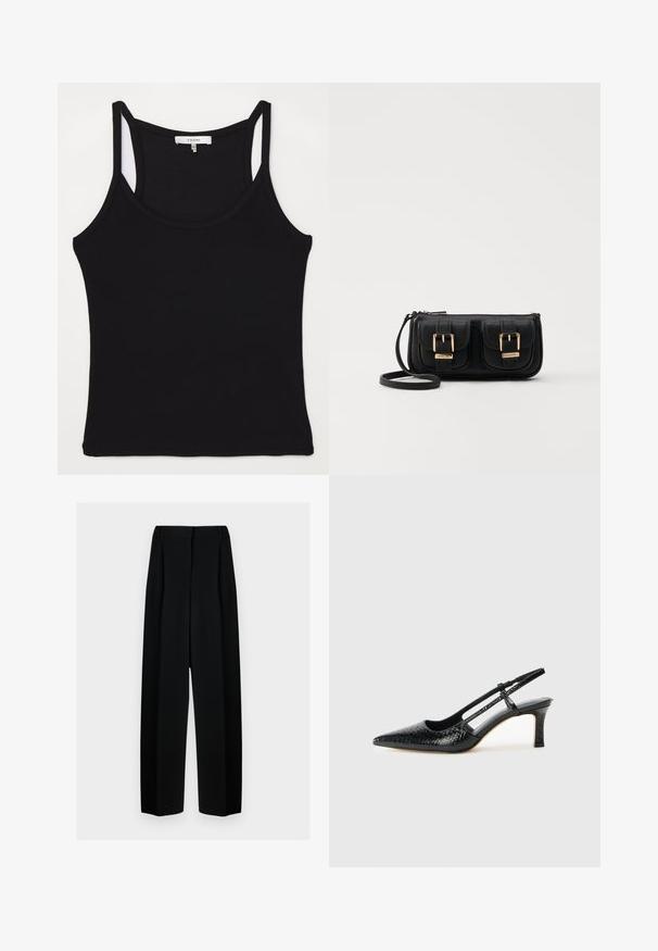 FRAME CUTAWAY TANK - Toppi - black; Mustat leveät housut korkealla vyötäröllä, joissa on laskokset ja sileä pinta. Kangas näyttää kevyeltä ja laskeutuu kauniisti.; Musta patent slingback-kiilakorko teräväkärkisellä muotoilulla, jossa on teksturoitu käärmeennahkakuosi, säädettävä remmi ja lyhyt, teksturoitu blokkiheel.; Musta nahkainen olkalaukku, jossa on kaksi etutaskua, kultaiset soljet, vetoketjukiinnitys ja kapea hihna. Teksturoidun pinnan ja kompaktin suorakaiteen muoto.