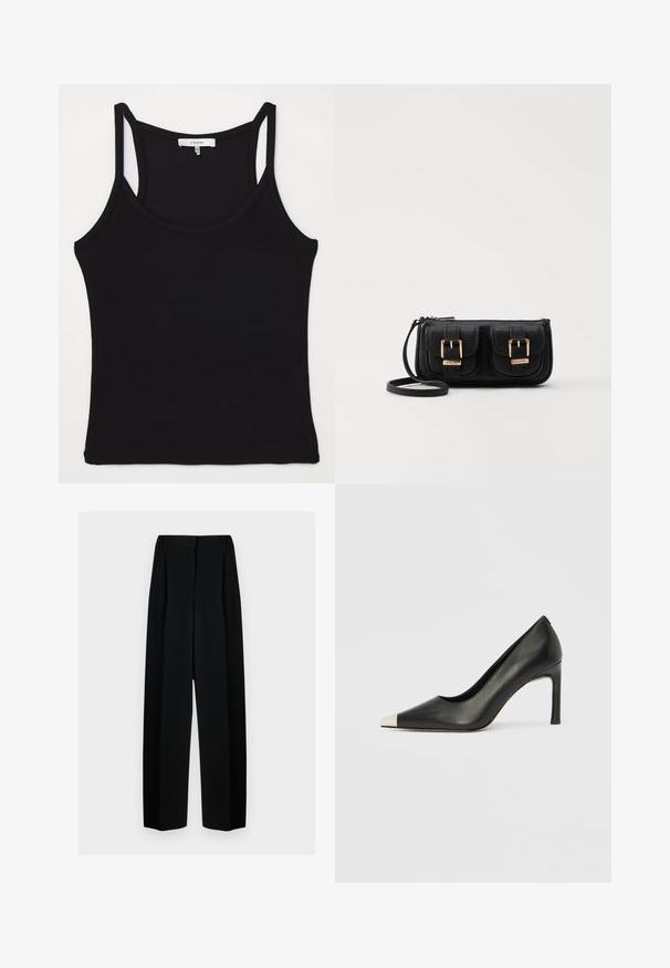 FRAME CUTAWAY TANK - Top - black; Zwarte wijde broek met een hoge taille, met plooien en een gladde textuur. De stof lijkt lichtgewicht en valt elegant.; Zwarte leren hoge hak met een spits toelopende neus en een metalen zilverkleurige kap. Heeft een gladde afwerking en een slanke hak van 10 cm.; Zwarte leren schoudertas met twee vo pockets, gouden gespen, ritsluiting en een smalle band. Tekstuur oppervlak en compacte rechthoekige vorm.
