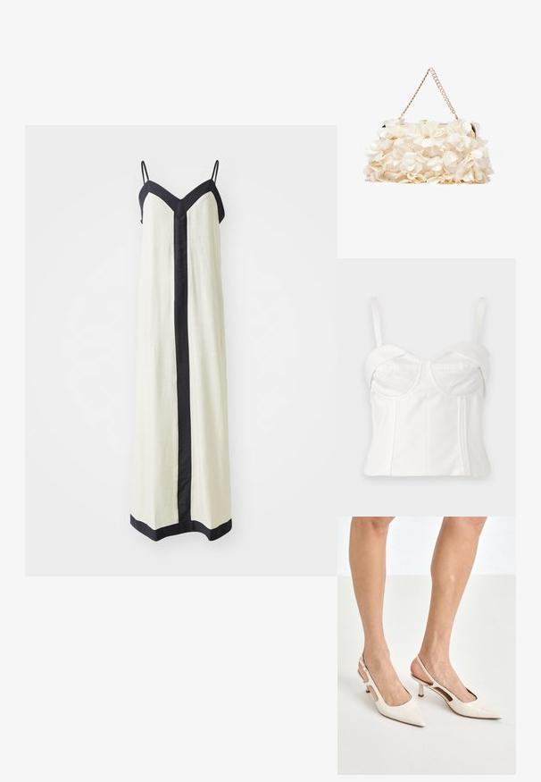 Bela skrajšana braletta z nastavljivimi naramnicami, mehko tkanino, strukturiranim korzetom, ukrivljenim izrezom in stranskimi šivi za definicijo.; Brezzna maksi obleka v barvi smetane z globokim V-izrezom in črnimi robovi ob robovih in sprednji strani. Narejena iz lahkega materiala.; Bež lakirane usnjene čevlje na peto s koničastim nosom in 5 cm visokim peto, ki imata izrezane stranice in tanko zanko okoli gležnja.; Bela cvetlična torbica z nabranim tekstilom, zlato obarvana veriga za nošenje in kovinski ključ. Ima strukturirane cvetne liste za dodano podrobnost.