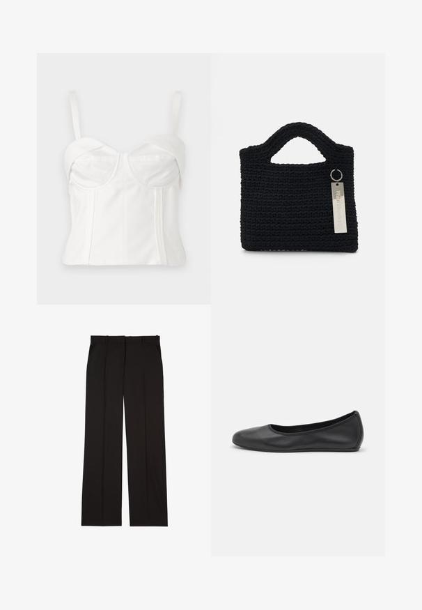 Balts kroptais bralette ar regulējamiem siksnām, mīkstu audumu, strukturētu krūštura daļu, izliekta dekoltē līniju un sānu šuvi definīcijai.; Melni gludā auduma pielāgoti bikses ar taisnu kāju piegriezumu un divām sānu kabatām. Eleganta un minimālistiska uzbūve.; Melna ādas baleta kurpe ar noapaļotu purngalu, gludu tekstūru, minimālu šuvju detalizāciju un elastīgu zoles dizainu.; Won Hundred MARSIELLE COMPUTER BAG UNISEX - Klēpjdatora soma - black