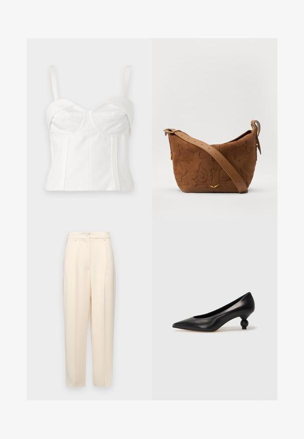 Witte cropped bralette met verstelbare bandjes, zachte stof, gestructureerde en vrouwelijke top, gebogen halslijn en zijnaden voor definitie.; Beige op maat gemaakte broek met een rechte pasvorm, voorzien van plooien aan de voorkant, een gladde textuur en een middelhoge taille. Geen zichtbare zakken.; Zwarte leren hoge hak schoen met een spitse neus en een ronde, bolle hak. Gladde textuur met een elegant, minimalistisch ontwerp.; Bruine suède schoudertas met een geperst bloemmotief, aangevuld met een gladde bruin leren schouderband en accenten in goudkleurig metaal.