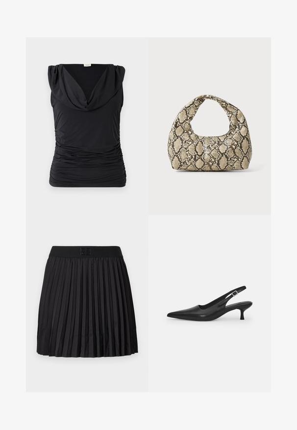 Top negro sin mangas con cuello drapeado; tejido elástico y fruncido que crea una textura vertical; acabado suave con una silueta ajustada.; Blusa negra con mangas largas translúcidas, patrón texturizado de hojas, escote redondo y un pequeño cierre en forma de ojo de cerradura en la parte posterior.; Falda plisada negra con una textura suave, que presenta una cintura negra sólida y un detalle de logo grabado en la parte delantera.; Zapato negro de piel tipo slingback con punta afilada y un tacón delgado y curvado. Presenta una correa ajustable discreta con una hebilla de metal.; Bolso de mano con estampado de serpiente y asa curvada. Hecho de materiales texturizados en tonos beige y marrón, con un patrónen diamante distintivo.
