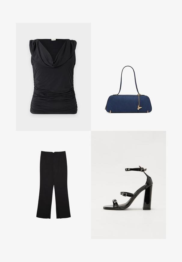 Schwarzes ärmelloses Top mit drapierter Schalkragen; dehnbarem, gerafftem Stoff, der eine vertikale Textur erzeugt; glatte Oberfläche mit enganliegender Silhouette.; Schwarze Hose mit geradem Schnitt, ausgestattet mit Fronttaschen und Seitenschlitzen am Saum. Hergestellt aus weichem, glattem Stoff. Geeignet für verschiedene Anlässe.; Schwarze Lackleder-Sandalen mit hohen Absätzen, zwei Riemen mit Schnallen, quadratischer Zehenpartie und klobigem Blockabsatz, mit einer glatten, glänzenden Textur.; ALDO THALELI - Handtasche - navy