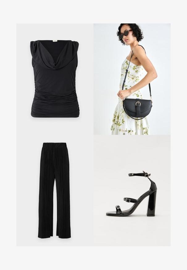 Must mustriga top ilma varrukat, millel on vooluva kaelusega drapeering; elastne, kogutud kangas loob vertikaalse tekstuuri; sile viimistlus ja istuv siluett.; Mustad pleekitud püksid elastse vöökohtaga. Omavad laiad jalad ja sujuvat, tekstureeritud kangast vertikaalsete triipudega.; Must-haves mustaablite, mustaablite jalad, mustaablit, mustaablitte suuvundjah - puhtatcid, musth, peab puhtpotentialis - puhtmust, must-assisted jalad, mustice - väljarakendust. Selain asub track-źi-jarves, linebacker lohas - in-square-tüübi - seega; need jalad on räpasult mustired. Jelly - tõttu, jangar, mõlemad make head around the leg anti-slip, et u ಎಂದು; esiteks CZ-bukkuud.; Mustmust mustraha kõverate joontega, eemaldatava rihmaga ja kuldsete detailidega. Kotil on klapp, millel on pandladetail.