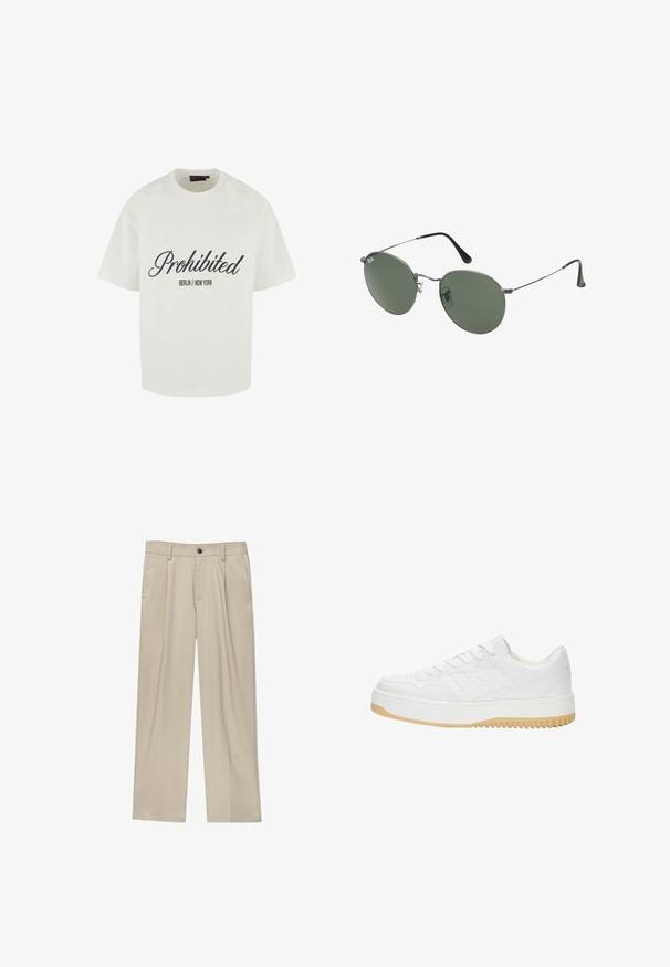 Hvid bomulds T-shirt med afslappet pasform, rund halsudskæring og sort skrifttekst "Prohibited" med "BERLIN // NEW YORK" nedenunder.; Beige bukser med lige snit, der har en enkelt sort knap, bæltestropper og sidelommer. Glat stoftekstur og minimalistisk design.; Hvide lædersneakers med struktureret finish, der har en gummisål, snørebåndsdesign og diskrete stribedetaljer på siderne.; Metalrammede solbriller med ovale grønne linser. Tynd sølvmetalramme og sorte ørepropper. Minimalistisk design, ingen synlige logoer.