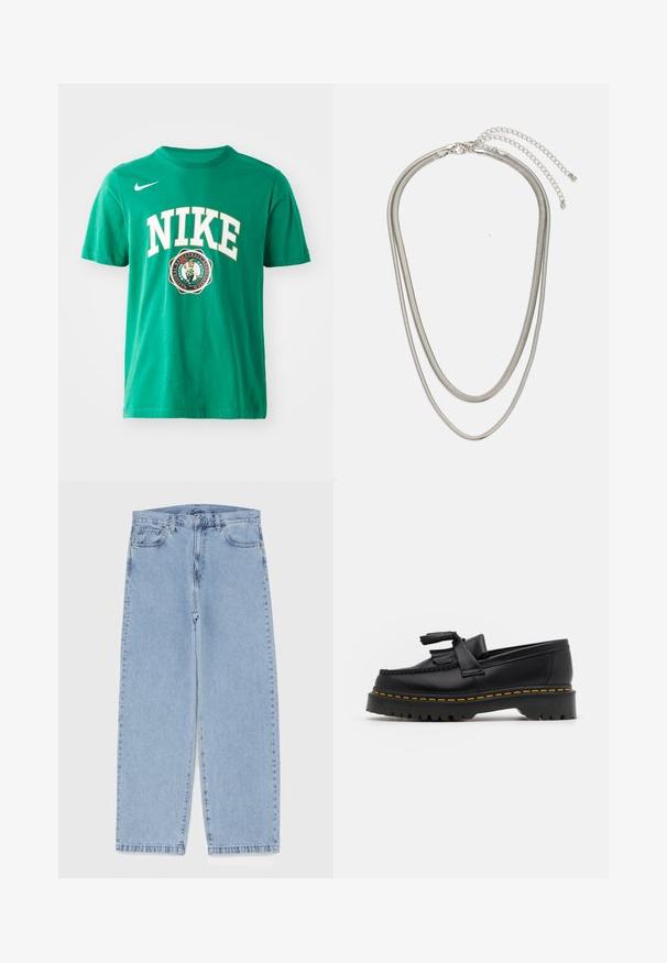 Vihreä puuvillapaita, jossa iso valkoinen "NIKE" -logo ja Boston Celtics -graafika. Pyöreä kaula-aukko, lyhyet hihat, normaali istuvuus, sileä pinta.; Vaaleansiniset farkut suoran lahkeen muotoilulla, joissa on puolivälin vyötärö, viisi taskua sekä nappi- ja vetoketjusuljenta.; Musta nahkakengät, joissa on tupsuakkentti, paksu musta pohja ja keltainen ommel reunassa. Rakeinen pinta.; Kolmikerroksinen hopeametallinen kaulakoru, jossa on tyylikkäitä, joustavia ketjuja, joissa on hieno kiilto. Kaulakoru on kiinnitetty hummerilukolla ja siinä on säädettävä ketju.