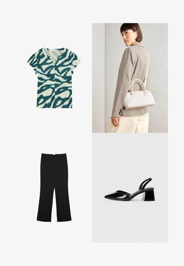 Kurzarm-T-Shirt aus weichem Stoff, mit einem türkis- und cremefarbenen abstrakten Tierdruck, V-Ausschnitt und leichter Raffung an den Ärmeln.; Schwarze Hose mit geradem Schnitt, ausgestattet mit Fronttaschen und Seitenschlitzen am Saum. Hergestellt aus weichem, glattem Stoff. Geeignet für verschiedene Anlässe.; Schwarze Lackleder-Slingback-High Heels mit spitzem Schuh und einem geometrischen Blockabsatz. Verfügt über ein schlankes, minimalistisches Design und eine glatte Textur.; Weiße strukturierte Handtasche mit kurzen Griffen und einem Schultergurt, ausgestattet mit goldfarbenen Hardware-Elementen und strukturiertem Material, vor einem grauen Hintergrund präsentiert.