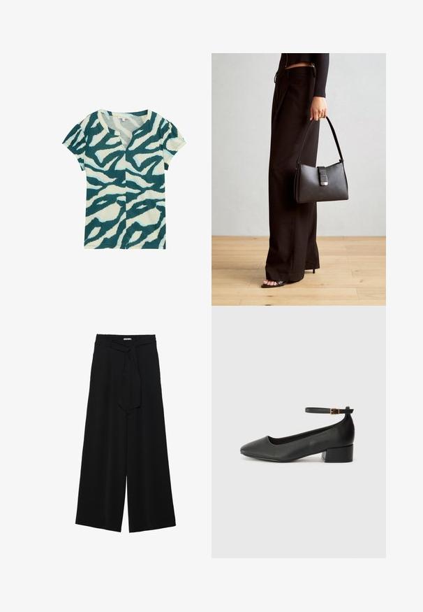 Tričko s krátkým rukávem z měkké tkaniny, s teal a krémovým abstraktním zvířecím motivem, s výstřihem do V a mírným nařasením na rukávech.; Černé kalhoty s širokými nohavicemi, vyrobené z texturované tkaniny, s elastickým pasem a odnímatelným páskem na úpravu velikosti.; Černé kožené lodičky s špičatou špičkou a nízkým blokovým podpatkem. Obsahují pásek kolem kotníku se zlatou sponou. Hladký povrch.; Černá kabelka se strukturovaným tvarem, hladkým povrchem a kovovým uzávěrem. Kombinována s širokými černými kalhotami a sandály s otevřenou špičkou na dřevěné podlaze.