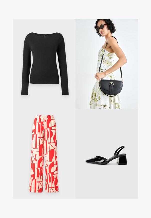 Čierna dlhá blúzka s priliehavým strihom a širokým okrúhlym výstrihom, vystavená na jednoduchom bielom pozadí.; Červené široké nohavice s vzorom, ktoré majú elastický pás, vyrobené z ľahkej látky s abstraktnými tvarmi v červenej a smotanovej farbe.; Čierne lakované kožené sandálové podpätky s špicatou špičkou a geometrickým blokovým podpätkom. Disponujú elegantným, minimalistickým dizajnom a hladkým povrchom.; Čierna kožená kabelka s zaobleným tvarom, odnímateľným popruhom a zlatými doplnkami. Kabelka má klopu s detailom s prackou.