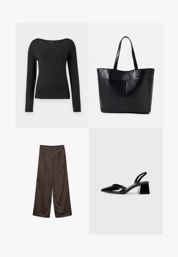 Juoda ilgomis rankovėmis prigludusi marškinėliai su plačiu apvaliu kaklu, demonstruojami prieš paprastą baltą foną.; Platus kelnes tamsiai rudos spalvos audinio su lygiu tekstūra. Ypatybės apima klostes priekyje ir standartinį juosmenį.; Juodos lakuotos odinės šlepetės su smailiu pirštu ir geometriniu bloko kulnu. Turi elegantišką, minimalistinį dizainą ir lygų paviršių.; Juoda odinė rankinė su dviem ilgais diržais, lygiu paviršiumi ir struktūrizuota forma. Yra priekinė kišenė papildomam saugojimui.