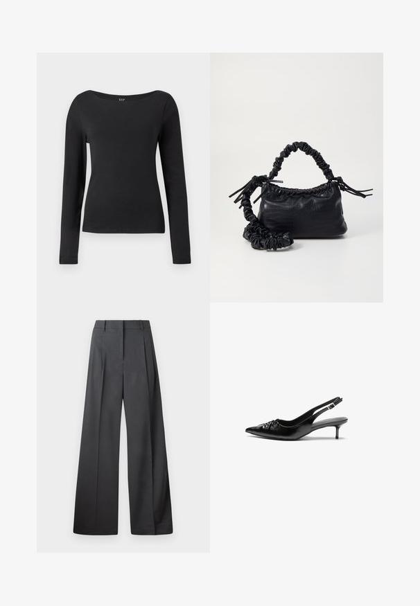 Camisa preta de manga longa ajustada com um decote redondo largo, exibida contra um fundo branco simples.; Calças de perna larga em tecido cinza escuro, apresentando uma cintura alta, pregas simples e uma textura suave com um acabamento limpo nas bainhas.; Sapatos de salto alto slingback em couro preto com bico fino, pequeno salto kitten e um detalhe decorativo em forma de nó na parte da frente. Textura suave em toda a parte.; Bolsa de mão em couro sintético preto com textura de crocodilo, topo franzido e alça enrugada. Apresenta um design suave e compacto.