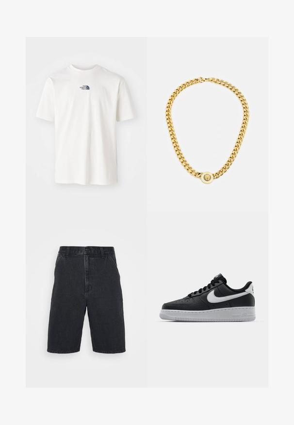 Λευκό βαμβακερό μπλουζάκι με κοντά μανίκια και στρογγυλή λαιμόκοψη. Διαθέτει ένα μικρό μπλε λογότυπο της "The North Face" στο στήθος.; Μαύρες τζιν σορτς με ίσια γραμμή, διαθέτουν κλείσιμο με κουμπί και δύο πλαϊνές τσέπες. Ατελής στρίφωμα με διακριτές φθορές.; Μαύρο δερμάτινο αθλητικό παπούτσι με υφασμάτινη επιφάνεια, άσπρο λογότυπο Nike, γκρίζα σόλα, στρογγυλή μύτη και σχέδιο με κορδόνια. Διαθέτει διάτρητα σημεία στην περιοχή της μύτης.; Χρυσό κολιέ με μεγάλα αλληλοσυνδεόμενα κρίκους, με κυκλικό διακοσμητικό στοιχείο στο κέντρο που έχει ανάγλυφο έμβλημα.