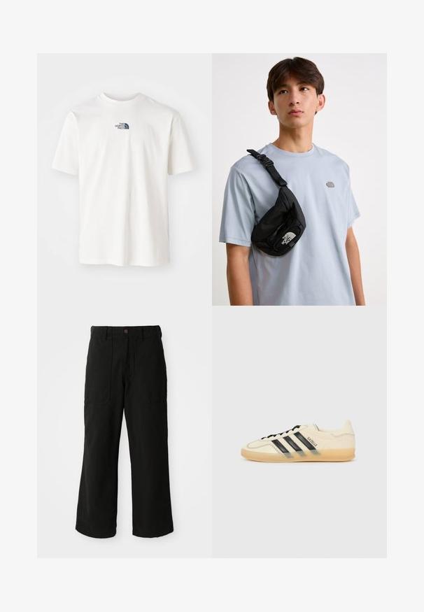 Fehér pamut póló rövid ujjakkal és kerek nyakkivágással. A mellkason egy kis kék "The North Face" logó található.; Fekete, bő szabású nadrág puha anyagból, elülső zsebekkel és gombos derékmegoldással. Minimális dizájn, látható minták nélkül.; Világoskrém színű sneaker fekete háromsávos dizájnnal, textúrált felsőrésszel, kerek orral és gumitalppal. Felszereltsége közé tartozik a fűzés és a logó az oldalán.; Fekete nylon keresztpántos táska állítható pánttal, kiemelkedő fehér logóval. Világoskék póló felett viselve. Egyszerű, funkcionális dizájn.