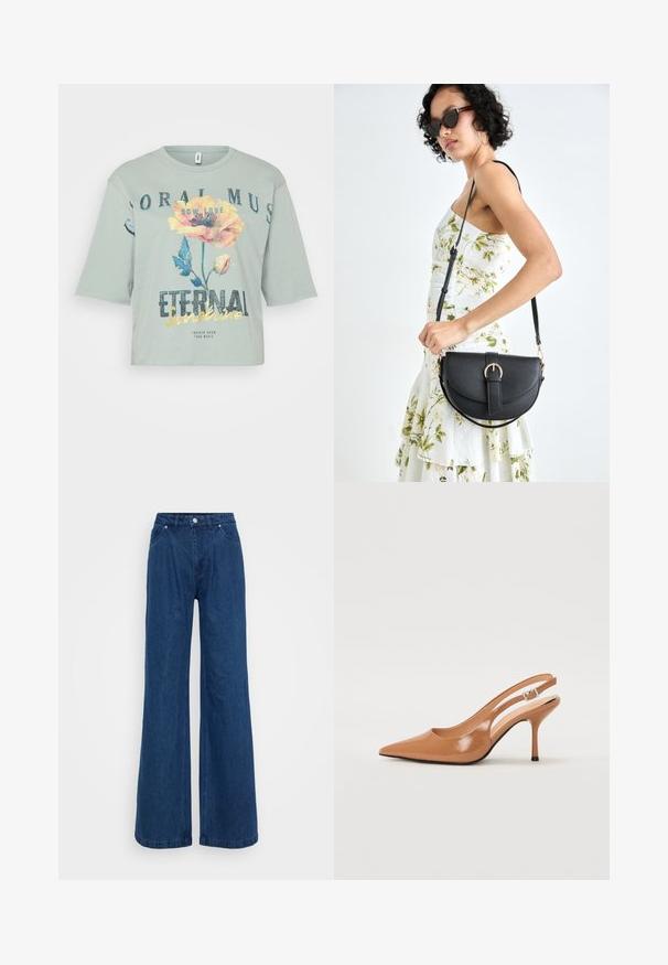 Šviesiai žalia trumpa medvilninė marškinėliai, pagaminti iš švelnios medvilnės, su gėlėta grafika ir užrašu "Amžina saulė" drąsiomis, blizgančiomis raidėmis.; Mėlynos plačios džinsinio audinio kelnės su aukšta juosmens linija, priekyje mygtukas ir užtrauktukas, bei priekinės ir užpakalinės kišenės prieš paprastą foną.; Pailgų smailiu pirštu slingback kulnas, pagamintas iš lygaus, blizgaus rudos spalvos medžiagos. Yra kreivų išpjovimų dizainas ir lieknas stiletto kulnas. Sidabrinė sagtis.; Juodas odinis krepšys su išlenkta forma, nuimamu dirželiu ir auksiniais detalėmis. Krepšys turi kilpą su sagtimi.