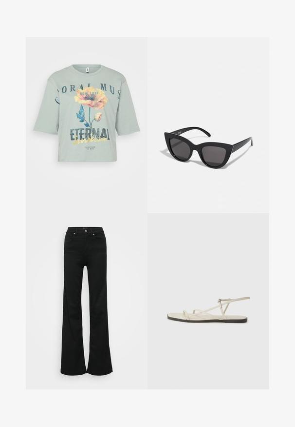 Kerge roheline lühikeste varrukatega t-särk, mis on valmistatud pehmest puuvillast, ning millel on lilleline graafika koos tekstiga "Igavene Päikesepaiste" julgete, säravate tähtedega.; Mustad laiad teksapüksid, valmistatud denimist, kõrge vöökoht, viis taskut ja metallist nööpkinnitus. Sujuv tekstuur väheste detailidega.; Bežid lame sandaal, millel on mitu peenikest rihma ja reguleeritav pandla. Tallal on lame pind, mille ääres on kerge tumedam kontrast.; Mustad mustakate silmade prillid, millel on matt viimistlus, hallist toonitud läätsed, teravad nurgad ja stiilsed küljed. Brändi nimi on nähtav siseküljel.