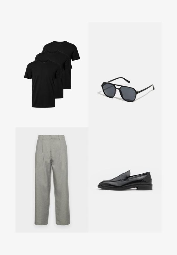 Trys juodos medvilnės marškinėliai trumpomis rankovėmis ir apvalia iškirpte, pasižymintys lygia tekstūra ir paprastu dizainu, rodomi suverstais.; Pilkos pritaikytos kelnės, pagamintos iš tekstūruoto audinio, su tiesiais keliamos dizainu, priekinėmis klostėmis ir standartiniu juosmeniu su diržo kilpomis.; Juodos odinės loafers batai su lygiu paviršiumi, turintys apvalią noselę ir siaurą juostelę per viršų. Žemas sluoksnis kulnas.; Juodos akiniai nuo saulės su aštuonkampiu rėmeliu, tamsiais objektyvais, blizgiu paviršiumi, plonomis šakutėmis ir auksinėmis akcentais priekyje.