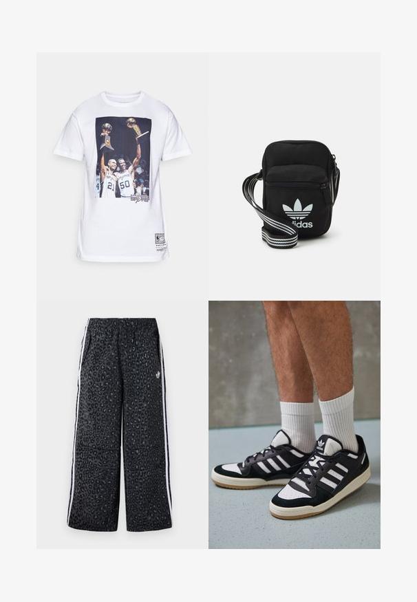 Mitchell & Ness NBA SAN ANTONIO SPURS DUNCAN & ROBINSON NBA PLAYER PHOTO TEE - Klub merchandise - white; adidas Originals GRAPHIC UNISEX - Træningsbukser - black; Sorte og hvide sneakers med en overdel i ruskind og læder, der har tre hvide striber, en perforeret tå og en sål i gummigummi.; Sort stof crossbody tas med lynlås, der har et hvidt Adidas-logo og en stribet justerbar rem for nem bæring.
