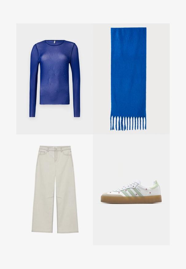 Bluză cu mâneci lungi, de culoare albastră, din material transparent, decorată cu mici pietre albastre, având decolteu rotund și o țesătură fină, ușor texturată.; Pantaloni gri deschis cu picioare largi, dotati cu cinci buzunare, închidere frontală cu buton și cusături în contrast pe căptușeală. Materialul pare a fi moale și durabil.; Adidași albi cu accente verzi, trei dungi, broderie florală și o talpă din cauciuc. Au vârf rotunjit și design cu șireturi.; Fular albastru cu ciucuri realizat dintr-un material moale; are o culoare solidă cu o suprafață texturată și ciucuri tăiați uniform în partea de jos.