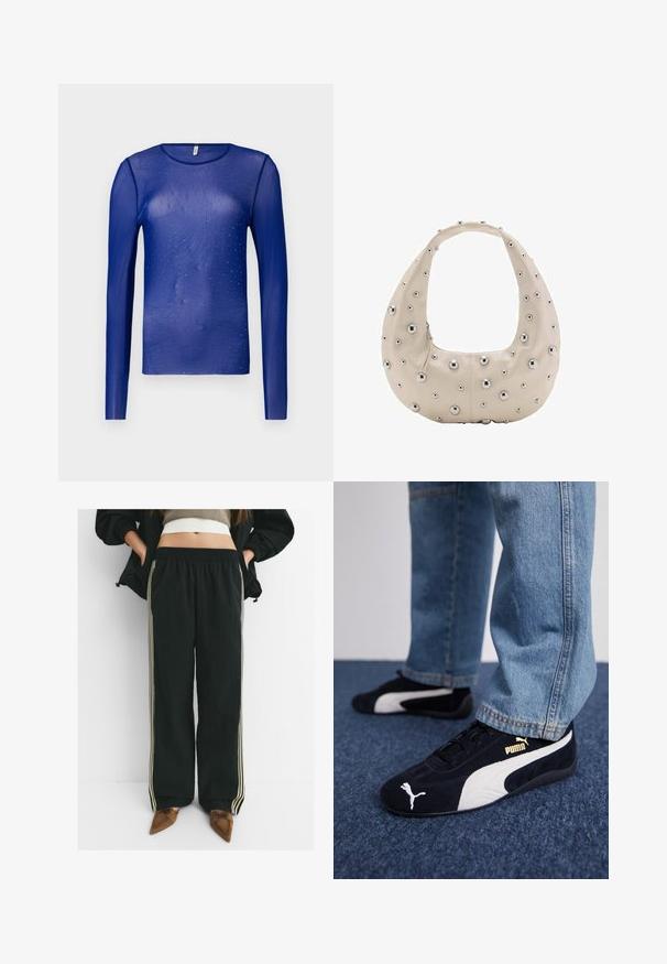 Pitkähihaisen sinisen läpikuultavan topin koristeluna on pieniä sinisiä kiviä. Toppi on pyöreäkaula-aukolla ja siinä on sileä, hieman teksturoitu kangas.; Musta, väljä joggers-housut, joissa on joustava vyötärö ja sivutaskut, sekä kontrastiväreinä vaaleanbeigejauhetta pitkin jalkoja.; Mustat mokkanahkaiset lenkkarit valkoisilla yksityiskohdilla, joissa on kultainen logo. Yhdistetty vaaleansinisiin farkkusiin ja asetettu tekstuuripintaiseen siniseen taustaan.; Beige nahkalaukku, jossa on hobo-muotoinen muotoilu. Ulkopuolella on hopeisia metallinappeja eri kokoisina, ja vetoketju on erottuva.