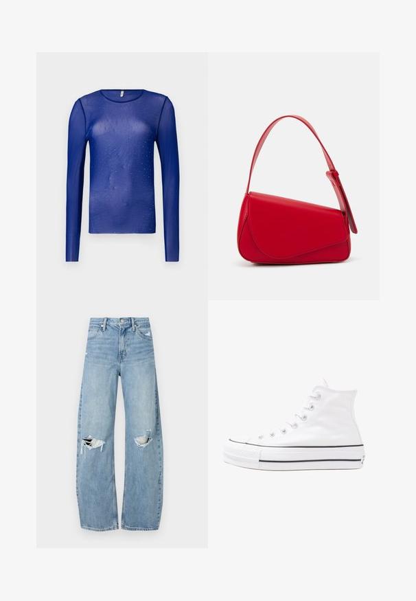 Garais piedurknēm, caurspīdīgs zils tops, rotāts ar nelielām zilām pērlītēm, ar apaļu kakla izgriezumu un gludu, nedaudz teksturētu audumu.; Gaiši zili, augstās vidukļa džinsi, kas izgatavoti no denima. Iespējas plašas kājas, divas plēstas ceļa daļas un klasiskā piecu kabatu dizains.; Balti augstie kanvas sporta apavi ar melnu gumijas zoli, priekšējo gumijas purngalu un sešām acīm lencēm, kuriem ir tīrs, minimālistisks dizains.; Sarkans ādas rokassomi ar stūrainu, ģeometrisku dizainu. Iekļauj vienu regulējamu siksnu un vāku ar izšūtu detaļu.