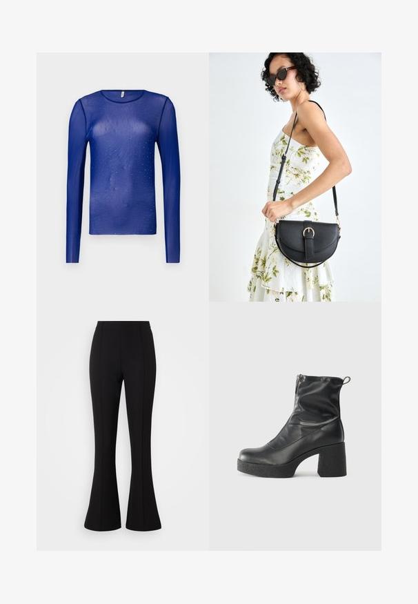 Pikad varrukad sinine läbipaistev topp, kaunistatud väikeste siniste kalliskividega, ümara kaelusega ja sileda, kerge tekstuuriga kangaga.; Mustad flared püksid, mis on valmistatud venivast kangast, sujuva tekstuuriga, kõrge vöökohaga ja esitõmmete detailidega.; Mustad mustad ansapüksid, mis on valmistatud siledast nahast, külje zipperiga, paksu tekstuuriga kontsaga ja ümmarguse nina disainiga.; Mustmust mustraha kõverate joontega, eemaldatava rihmaga ja kuldsete detailidega. Kotil on klapp, millel on pandladetail.