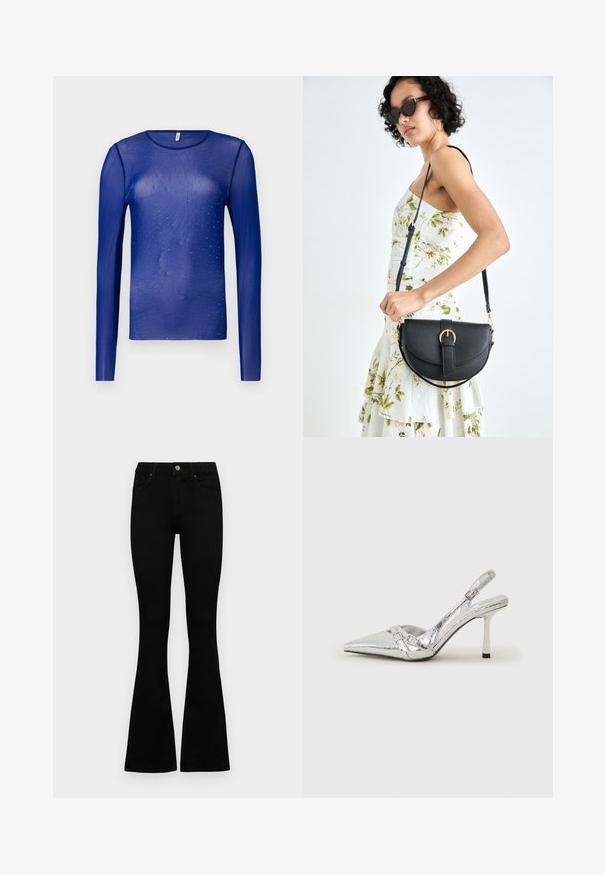 Blusa azul de mangas compridas, transparente e adornada com pequenas gemas azuis, com um decote redondo e um tecido suave, ligeiramente texturizado.; Jeans pretos de cintura alta com fecho de botão e zíper, bolsos frontais e pernas largas dispostos em cima de um fundo branco.; Sapato de salto alto slingback prateado com bico fino, acabamento metálico, duas correias decorativas e um salto esbelto com ponta preta.; Bolsa de couro preta com forma curva, alça destacável e detalhes em dourado. A bolsa possui uma aba com detalhe de fivela.