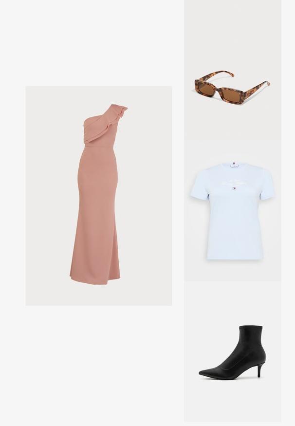 Svijetloplava pamučna majica s kratkim rukavima i okruglim izrezom, s bijelim ispisom "New York Tommy Hilfiger" na prednjoj strani. Jednostavan dizajn.; Jednoručni ružičasti haljina od glatkog materijala, s volanima duž izreza, prilagođenog kroja i dugom, lepršavom suknjom.; Crne gležnjače izrađene od glatke kože s oštrim nožnim dijelom i kratkim, tankim potpeticama. Imaju besprijekoran dizajn i diskretne šavove.; Naočale u obliku tortoiseshella s pravokutnim smeškim lećama, debelim okvirom i tankim nogicama koje imaju uzorak od različitih nijansi smeđe boje.; Set naušnica od zlatnog i srebrnog metala s dva obruča: jedan dizajn je glatki i polumjesečasti, a drugi ima slojevite kružne prstenove.