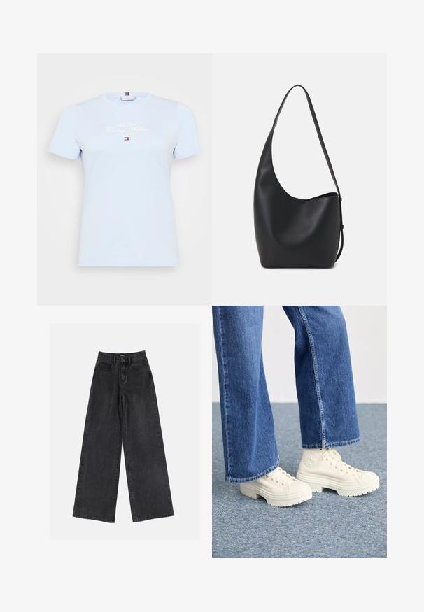 Lys blå bomull T-skjorte med rund hals, korte ermer, og hvit trykt tekst "New York Tommy Hilfiger" på forsiden. Enkel design.; Svart bred ben jeans i denim med høy midje, klassisk fem-lommers design og subtil fading. Holdbart stoff med en jevn tekstur.; Hvite høyhælte joggesko med tykke, rillede såler og sirkulær logo detalj, brukt med lyseblå, vide denim jeans.; Svart lær hobo-veske med glatt tekstur, buet form og enkelt justerbart stropp; har en bred åpning på toppen.