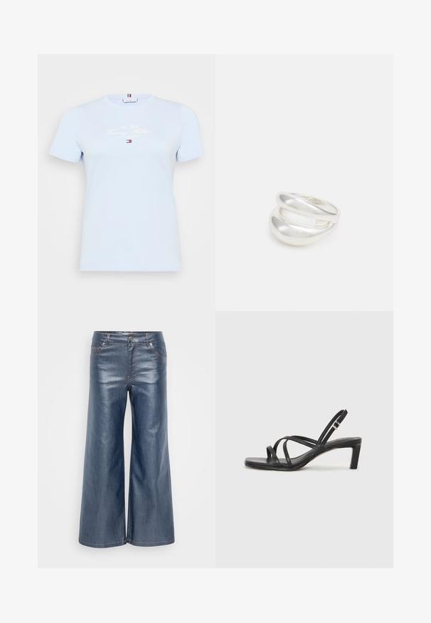 Light blue cotton t-shirt with a crew neck, short sleeves, and white printed text "New York Tommy Hilfiger" on the front. Simple design.; Wide-leg denim trousers in dark blue, featuring a smooth texture, five-pocket design, and contrasting stitching. Front button and zip closure.; Black strappy sandal with a square toe and a low block heel. Features multiple thin straps and an adjustable ankle strap. Made of smooth leather.; Silver double-band ring with a smooth, polished surface. Features a fluid, curved design with overlapping sections for a modern look.