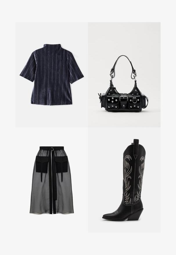 Top scurt din catifea întunecată, cu mâneci scurte, dungi verticale, guler în picioare și textură moale. Prezintă o croială lejeră și un finisaj neted.; Fustă neagră transparentă cu un talie plisată, având două buzunare mari în față, un cordon pentru talie și un accent metalic circular.; Bocanci de cowboy din piele neagră, cu vârfuri ascuțite, toc wedge și modele florale brodate cu fir argintiu de-a lungul tijei. Cusături în contrast pe întreaga suprafață.; Geantă de piele neagră cu un design curbat, dotată cu studuri argintii, o cataramă și două buzunare laterale. Curea ajustabilă pentru opțiuni de transport.